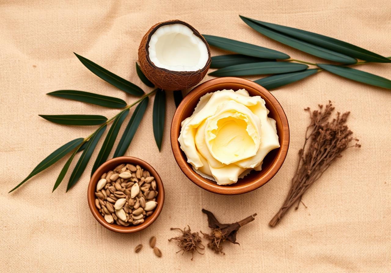 Ingrédients naturels NALA — karité, coco, nigelle, palmarosa